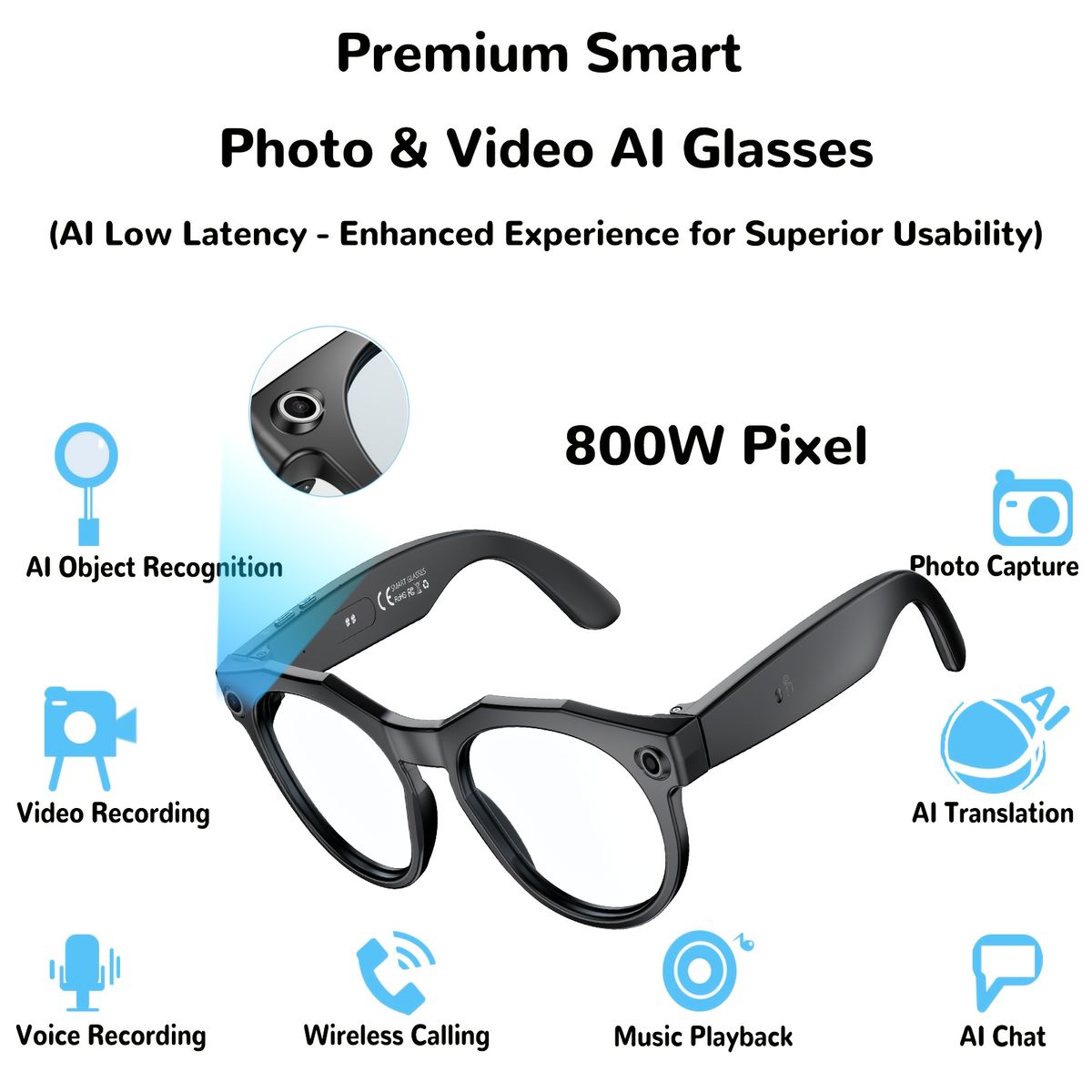 AI Smart Glasses Voice Control Bluetooth HD1080P Shooting