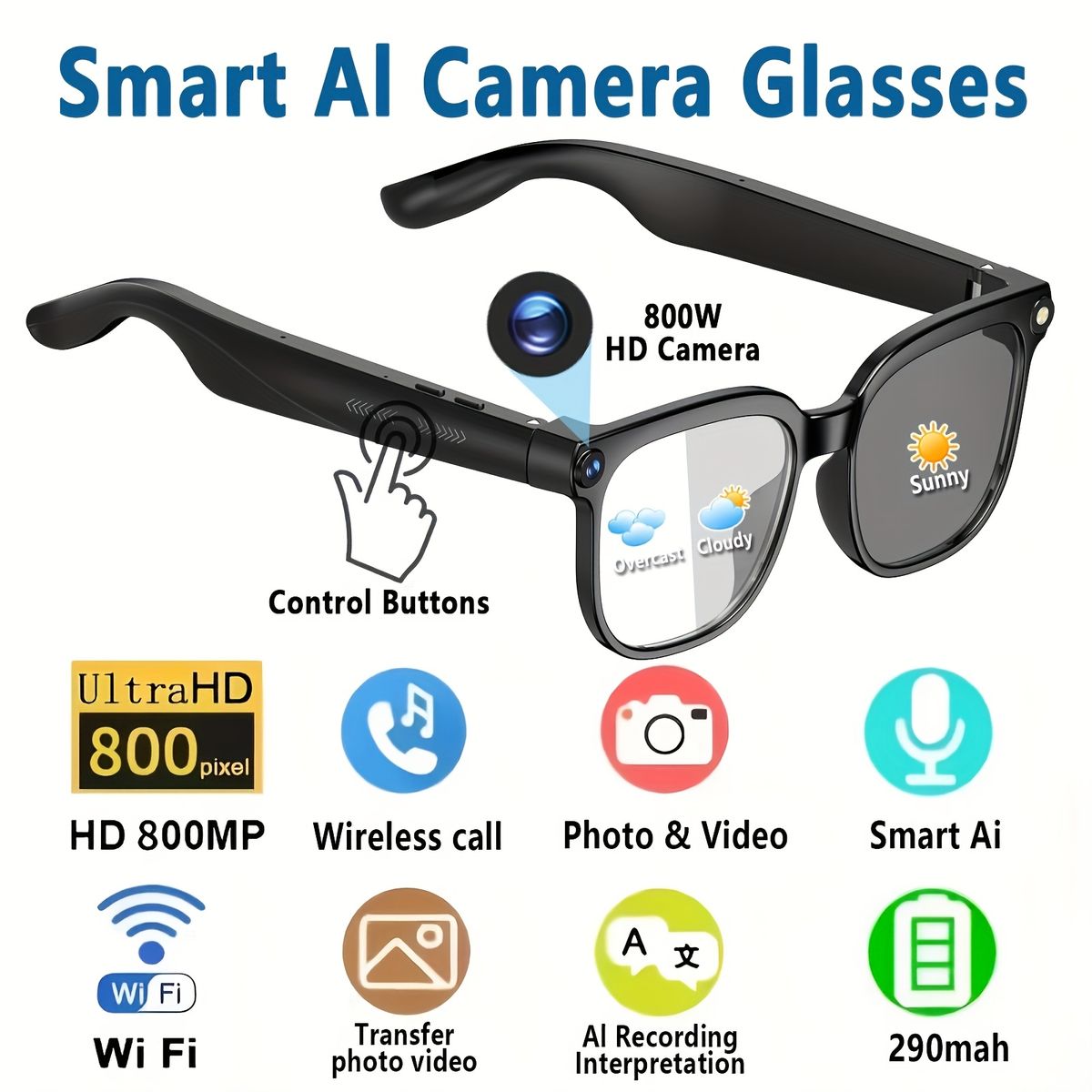 AI Smart Glasses Voice Control Bluetooth HD1080P Shooting