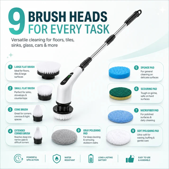 Electric Spin Scrubber Brush with Multiple Heads – Cordless Extendable Power Cleaner for Bathroom, Shower, Tile, Grout, Kitchen & Floors